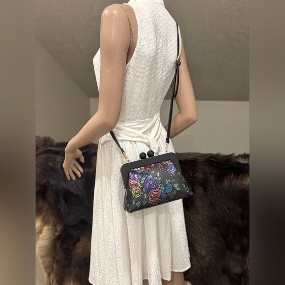 Embossed Rose Genuine Leather Handmade Wooden Frame Clutch/Wristlet /Crossbody - Picture 10 of 16